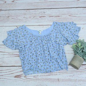 Forever 21 Floral Off Shoulder Crop Top in White and Blue Large